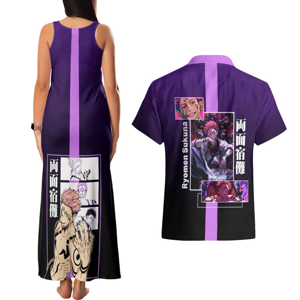 Ryomen Sukuna from Jujutsu Kaisen Couples Matching Tank Maxi Dress and Hawaiian Shirt with Purple Background and Multiple Poses Design - The Mazicc