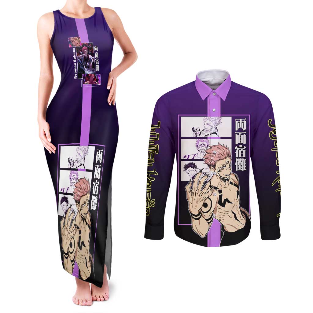 Ryomen Sukuna from Jujutsu Kaisen Couples Matching Tank Maxi Dress and Long Sleeve Button Shirt with Purple Background and Multiple Poses Design - The Mazicc