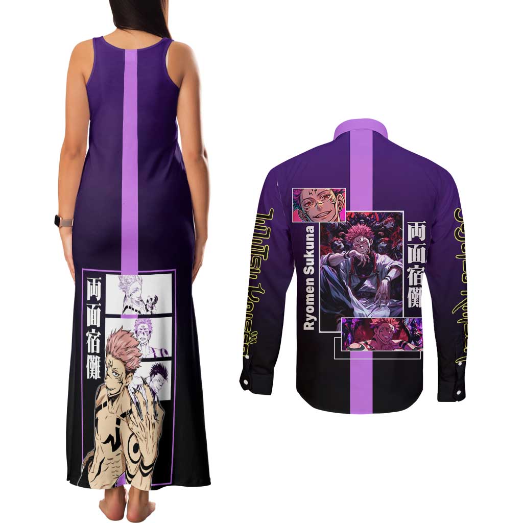 Ryomen Sukuna from Jujutsu Kaisen Couples Matching Tank Maxi Dress and Long Sleeve Button Shirt with Purple Background and Multiple Poses Design - The Mazicc