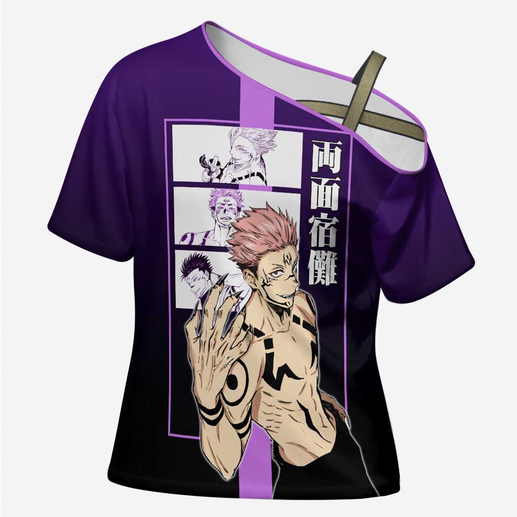 Ryomen Sukuna from Jujutsu Kaisen Cross Shoulder Shirt with Purple Background and Multiple Poses Design - The Mazicc