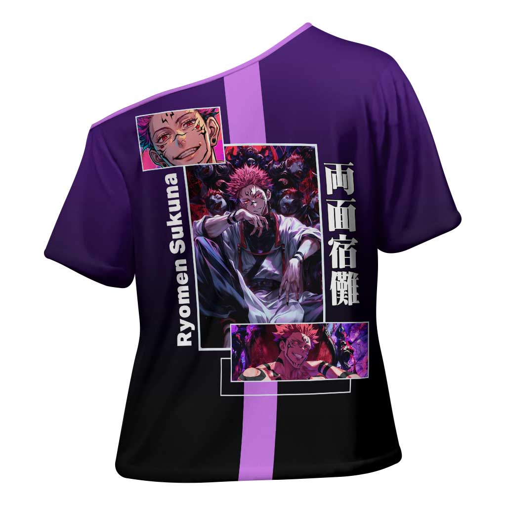 Ryomen Sukuna from Jujutsu Kaisen Cross Shoulder Shirt with Purple Background and Multiple Poses Design - The Mazicc