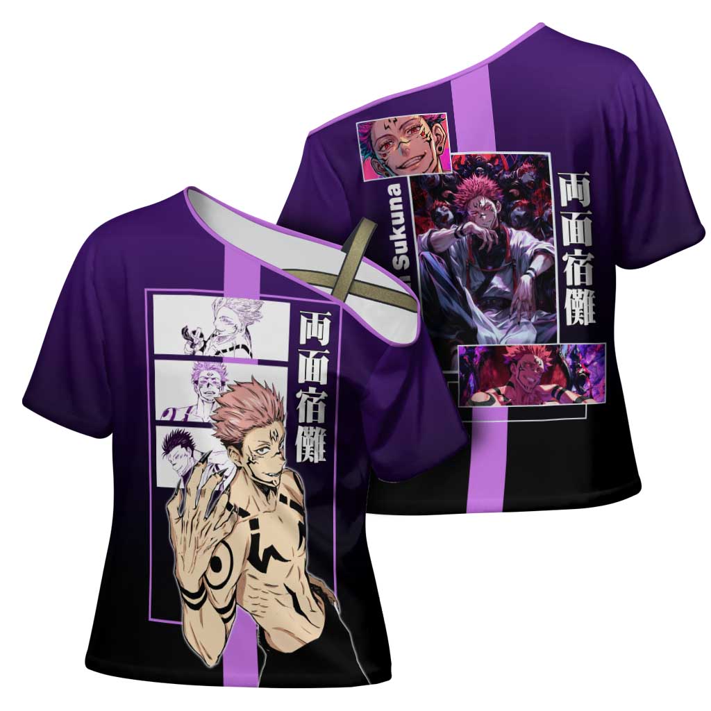 Ryomen Sukuna from Jujutsu Kaisen Cross Shoulder Shirt with Purple Background and Multiple Poses Design - The Mazicc