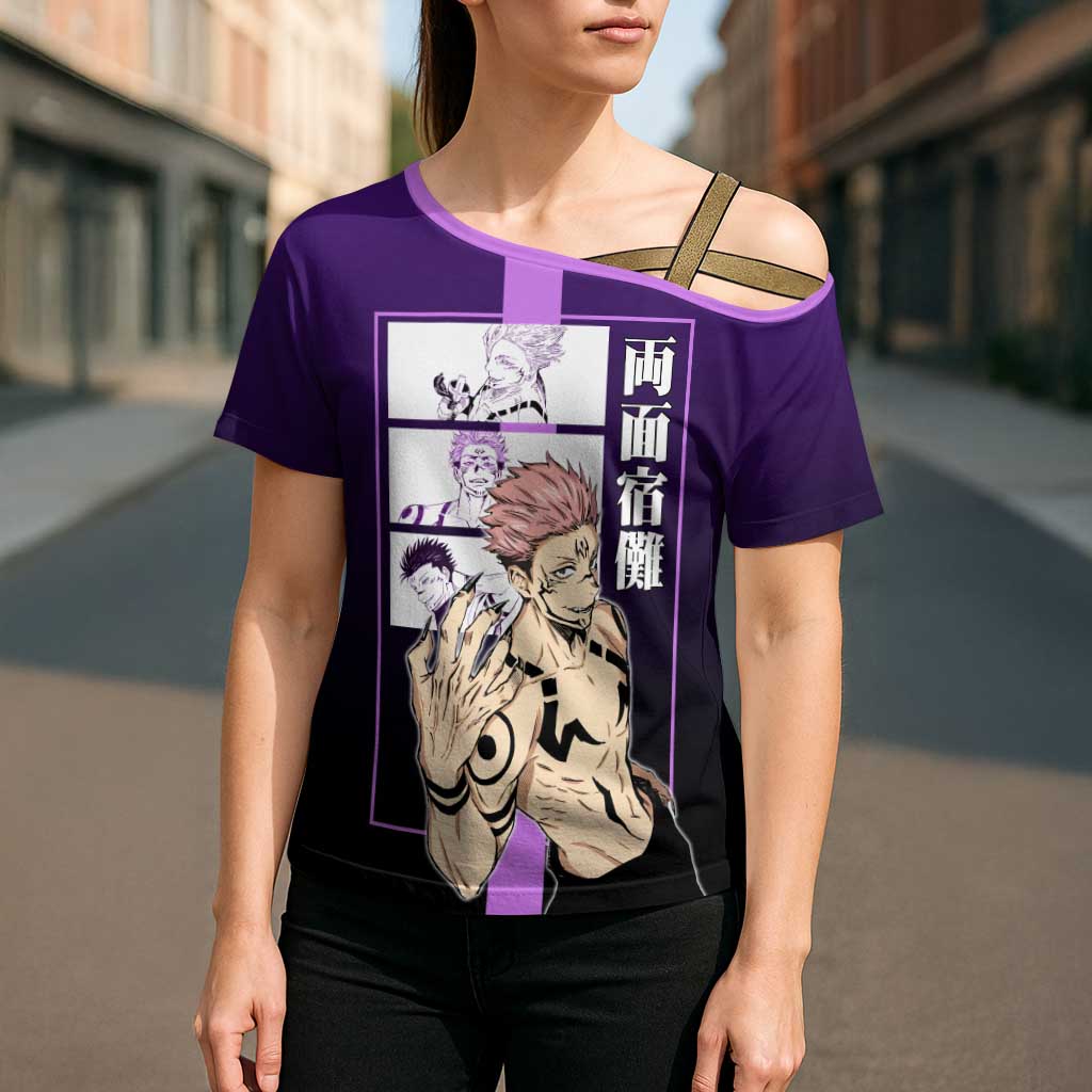Ryomen Sukuna from Jujutsu Kaisen Cross Shoulder Shirt with Purple Background and Multiple Poses Design - The Mazicc