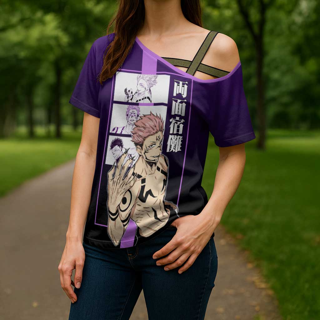 Ryomen Sukuna from Jujutsu Kaisen Cross Shoulder Shirt with Purple Background and Multiple Poses Design - The Mazicc