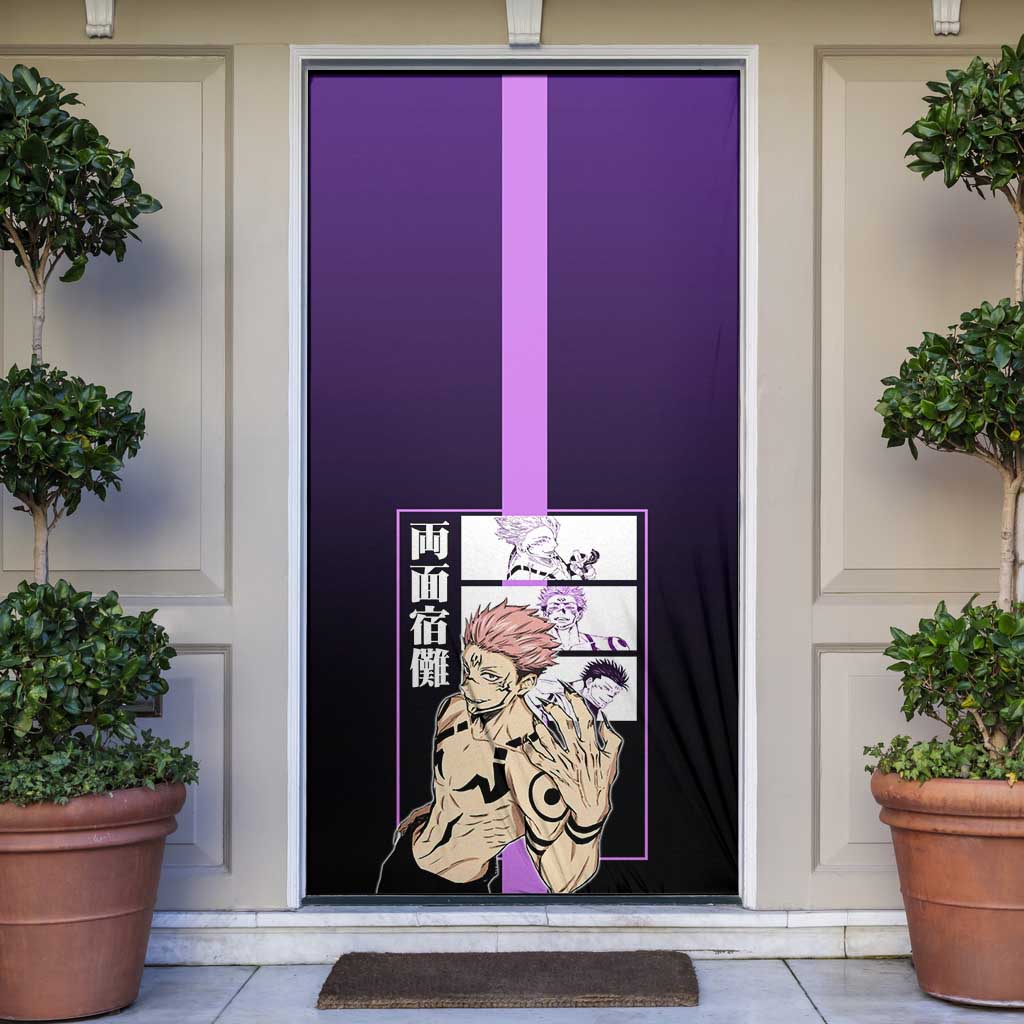 Ryomen Sukuna from Jujutsu Kaisen Door Cover with Purple Background and Multiple Poses Design - The Mazicc