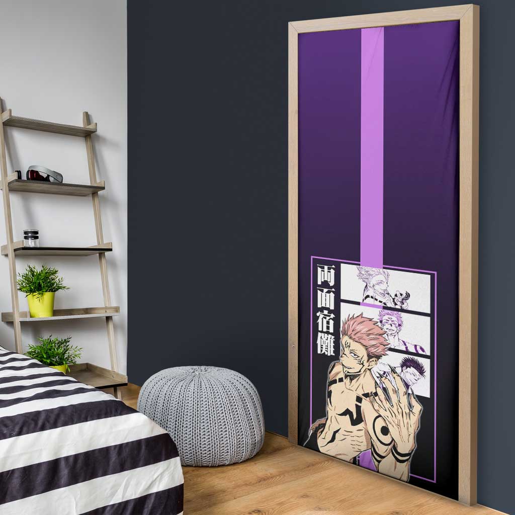 Ryomen Sukuna from Jujutsu Kaisen Door Cover with Purple Background and Multiple Poses Design - The Mazicc