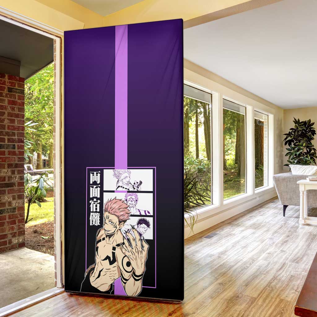 Ryomen Sukuna from Jujutsu Kaisen Door Cover with Purple Background and Multiple Poses Design - The Mazicc