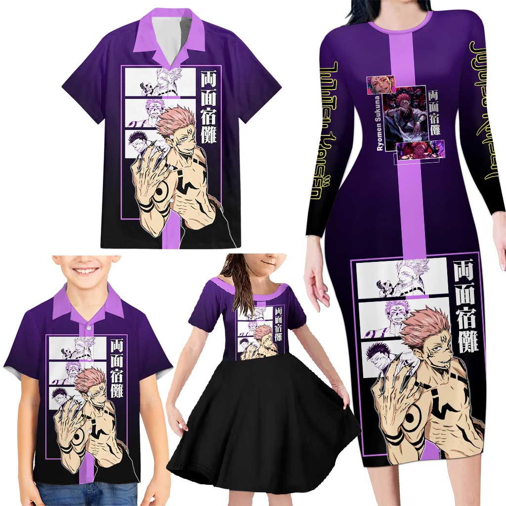 Ryomen Sukuna from Jujutsu Kaisen Family Matching Long Sleeve Bodycon Dress and Hawaiian Shirt with Purple Background and Multiple Poses Design - The Mazicc