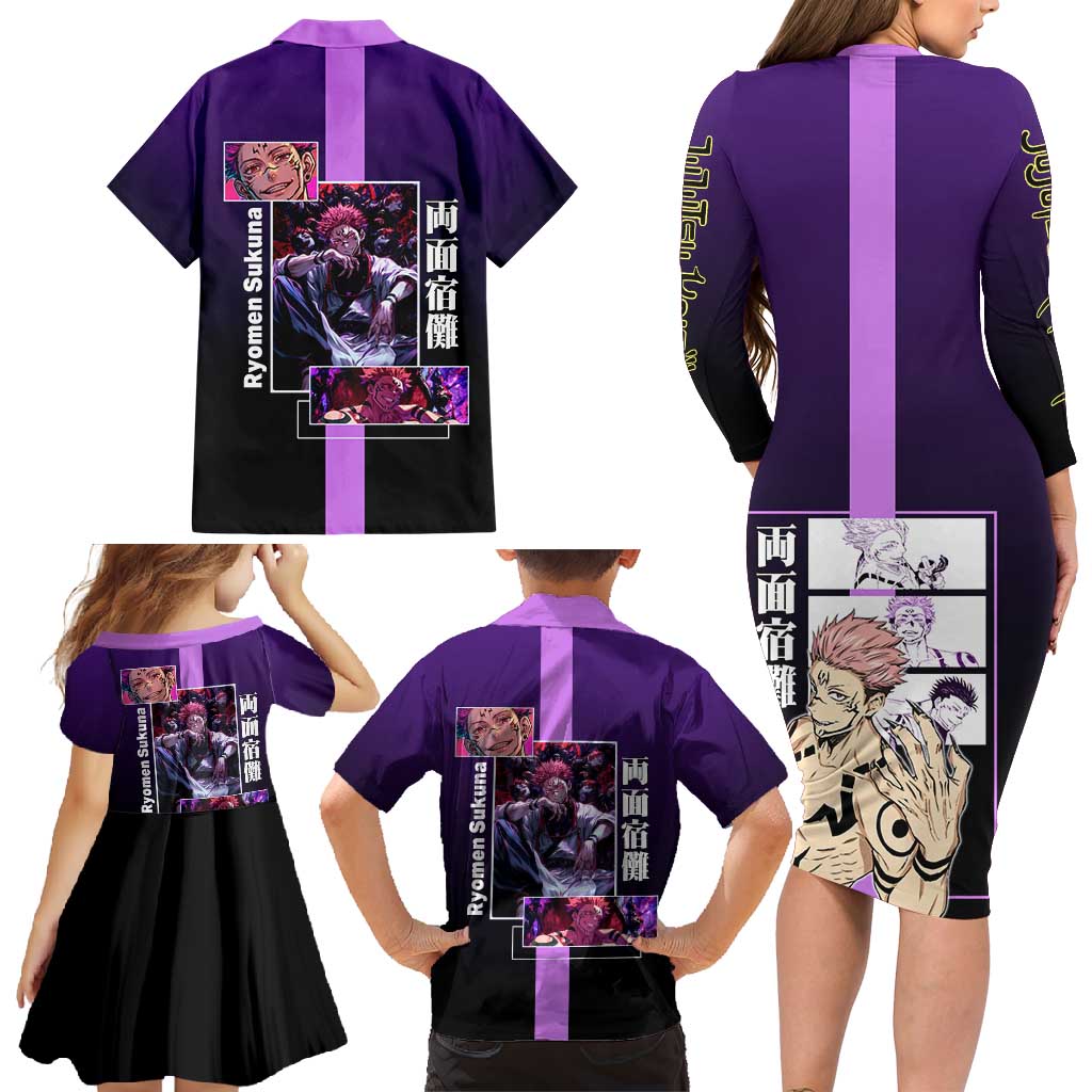 Ryomen Sukuna from Jujutsu Kaisen Family Matching Long Sleeve Bodycon Dress and Hawaiian Shirt with Purple Background and Multiple Poses Design - The Mazicc