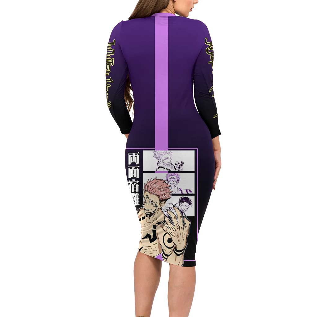 Ryomen Sukuna from Jujutsu Kaisen Family Matching Long Sleeve Bodycon Dress and Hawaiian Shirt with Purple Background and Multiple Poses Design - The Mazicc