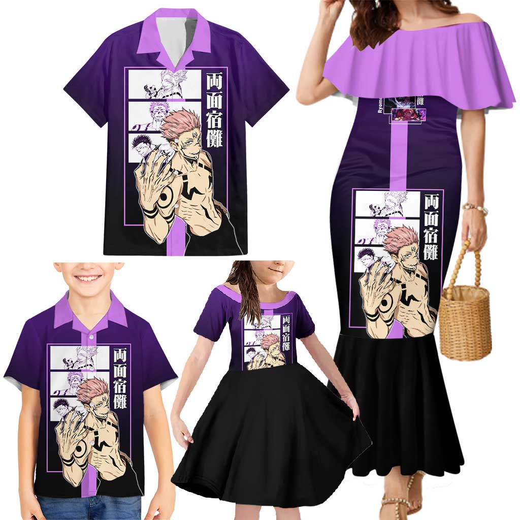 Ryomen Sukuna from Jujutsu Kaisen Family Matching Mermaid Dress and Hawaiian Shirt with Purple Background and Multiple Poses Design - The Mazicc
