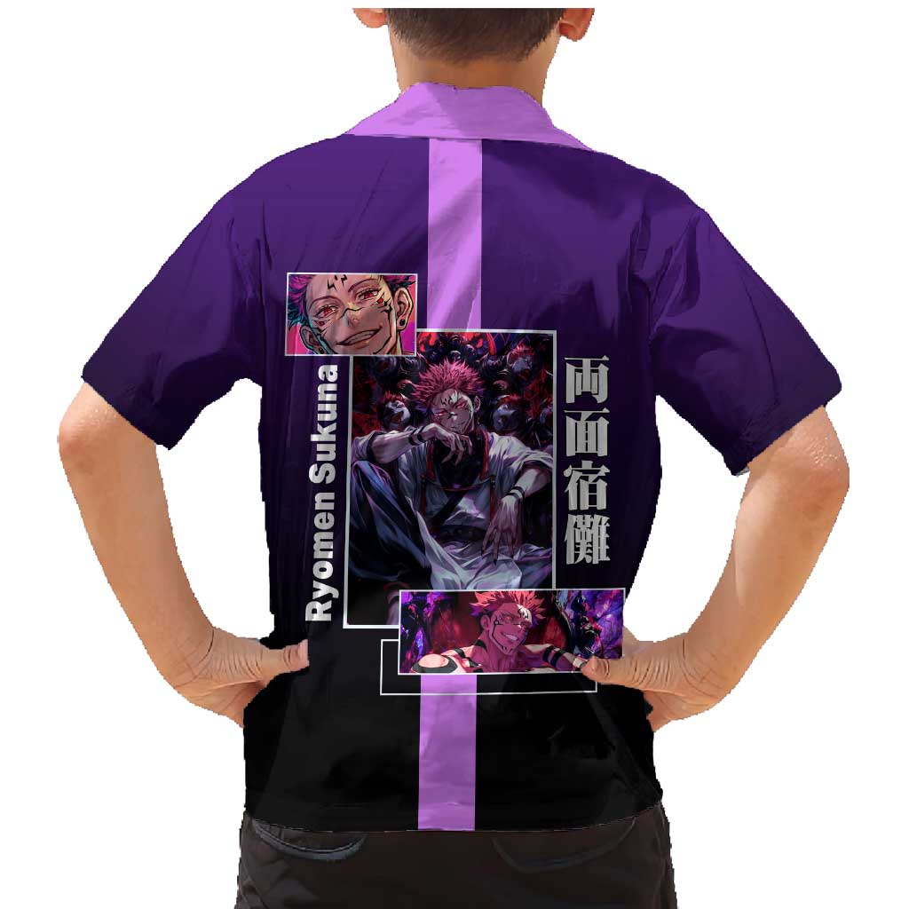 Ryomen Sukuna from Jujutsu Kaisen Family Matching Mermaid Dress and Hawaiian Shirt with Purple Background and Multiple Poses Design - The Mazicc