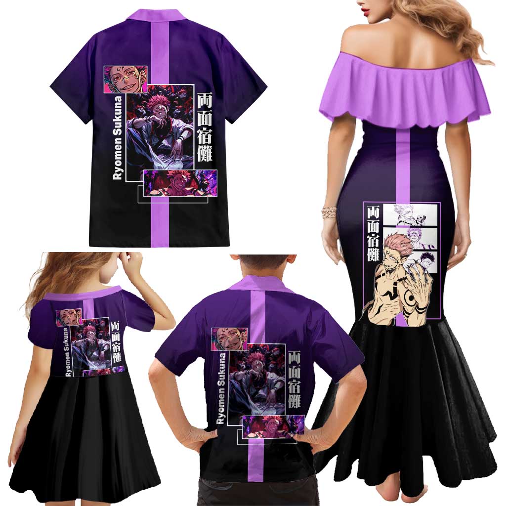 Ryomen Sukuna from Jujutsu Kaisen Family Matching Mermaid Dress and Hawaiian Shirt with Purple Background and Multiple Poses Design - The Mazicc