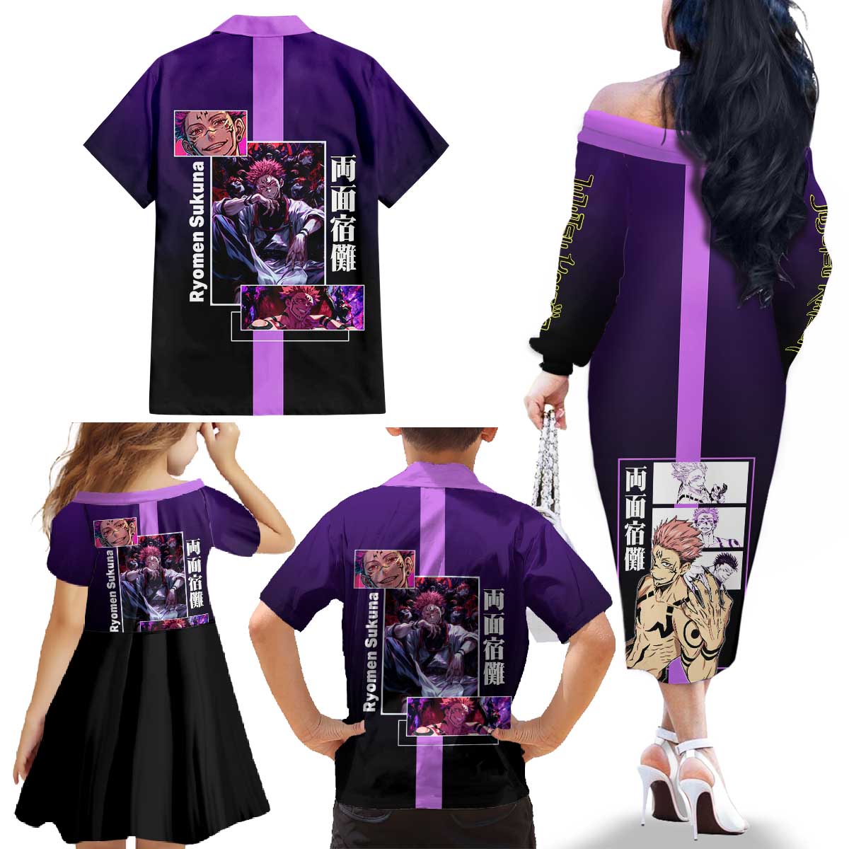 Ryomen Sukuna from Jujutsu Kaisen Family Matching Off The Shoulder Long Sleeve Dress and Hawaiian Shirt with Purple Background and Multiple Poses Design - The Mazicc