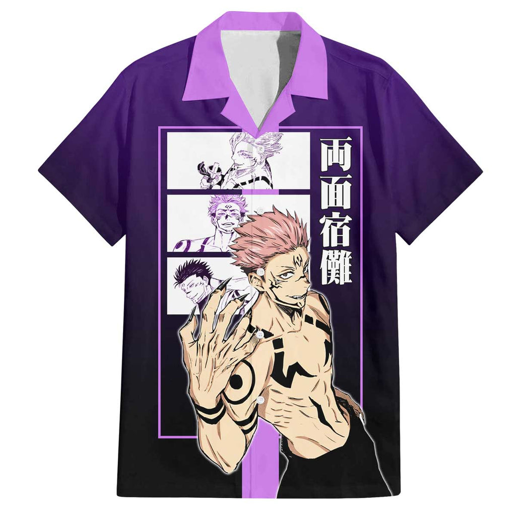 Ryomen Sukuna from Jujutsu Kaisen Family Matching Off The Shoulder Long Sleeve Dress and Hawaiian Shirt with Purple Background and Multiple Poses Design - The Mazicc