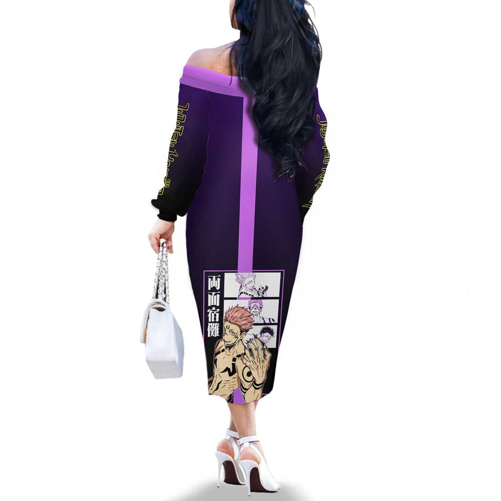 Ryomen Sukuna from Jujutsu Kaisen Family Matching Off The Shoulder Long Sleeve Dress and Hawaiian Shirt with Purple Background and Multiple Poses Design - The Mazicc