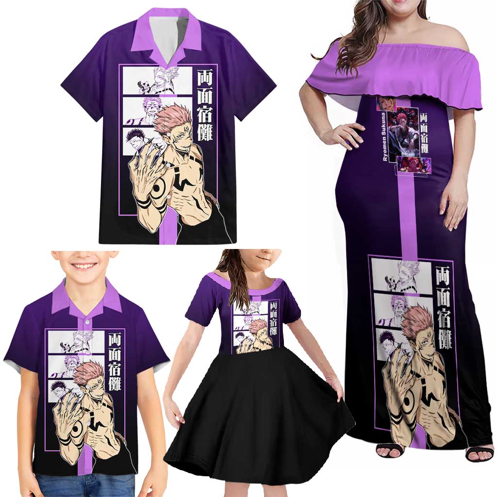 Ryomen Sukuna from Jujutsu Kaisen Family Matching Off Shoulder Maxi Dress and Hawaiian Shirt with Purple Background and Multiple Poses Design - The Mazicc