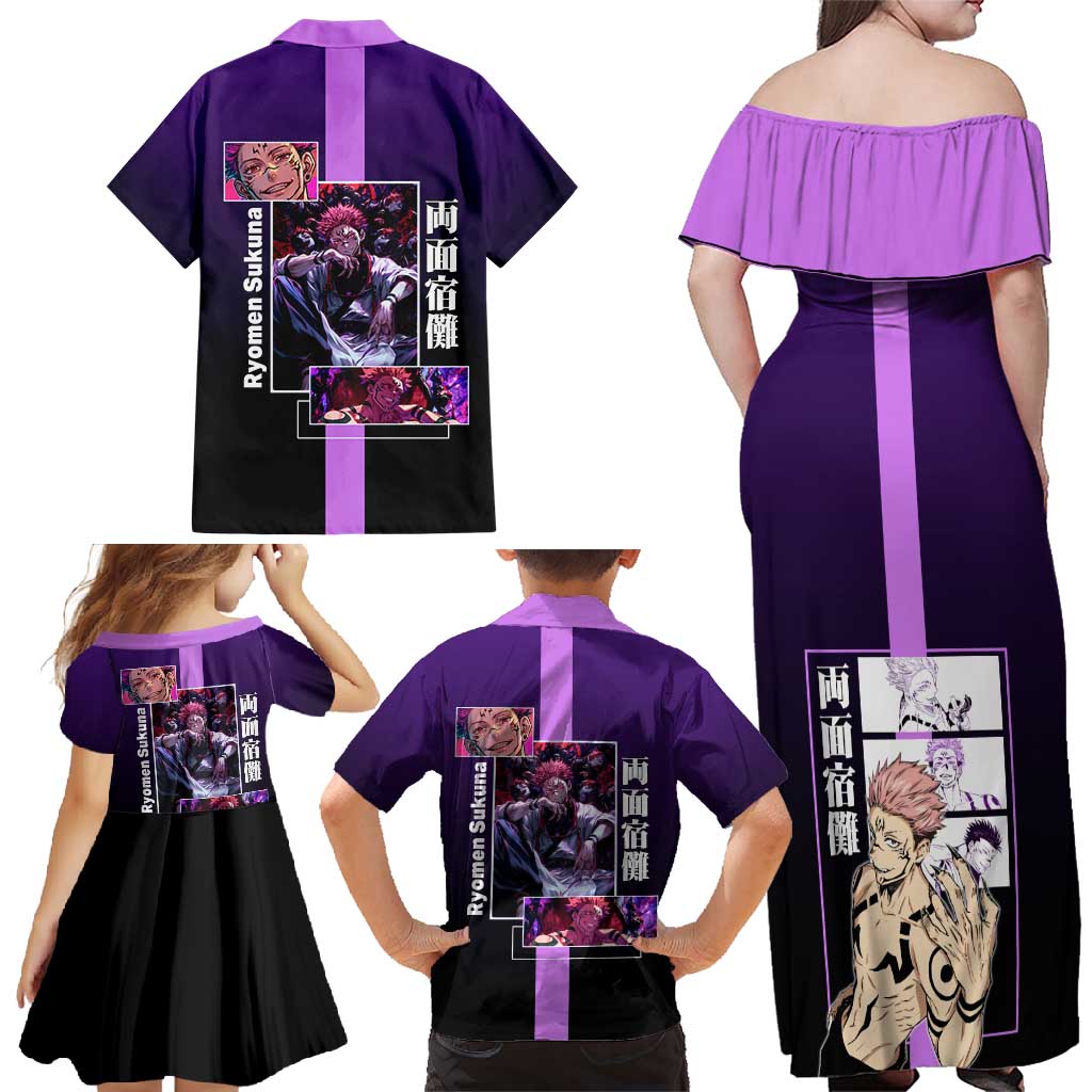 Ryomen Sukuna from Jujutsu Kaisen Family Matching Off Shoulder Maxi Dress and Hawaiian Shirt with Purple Background and Multiple Poses Design - The Mazicc