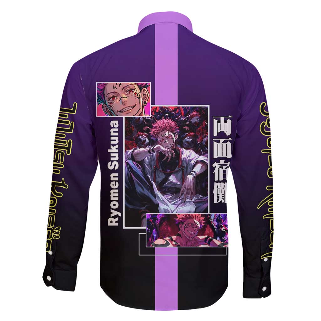 Ryomen Sukuna from Jujutsu Kaisen Family Matching Off Shoulder Maxi Dress and Hawaiian Shirt with Purple Background and Multiple Poses Design - The Mazicc