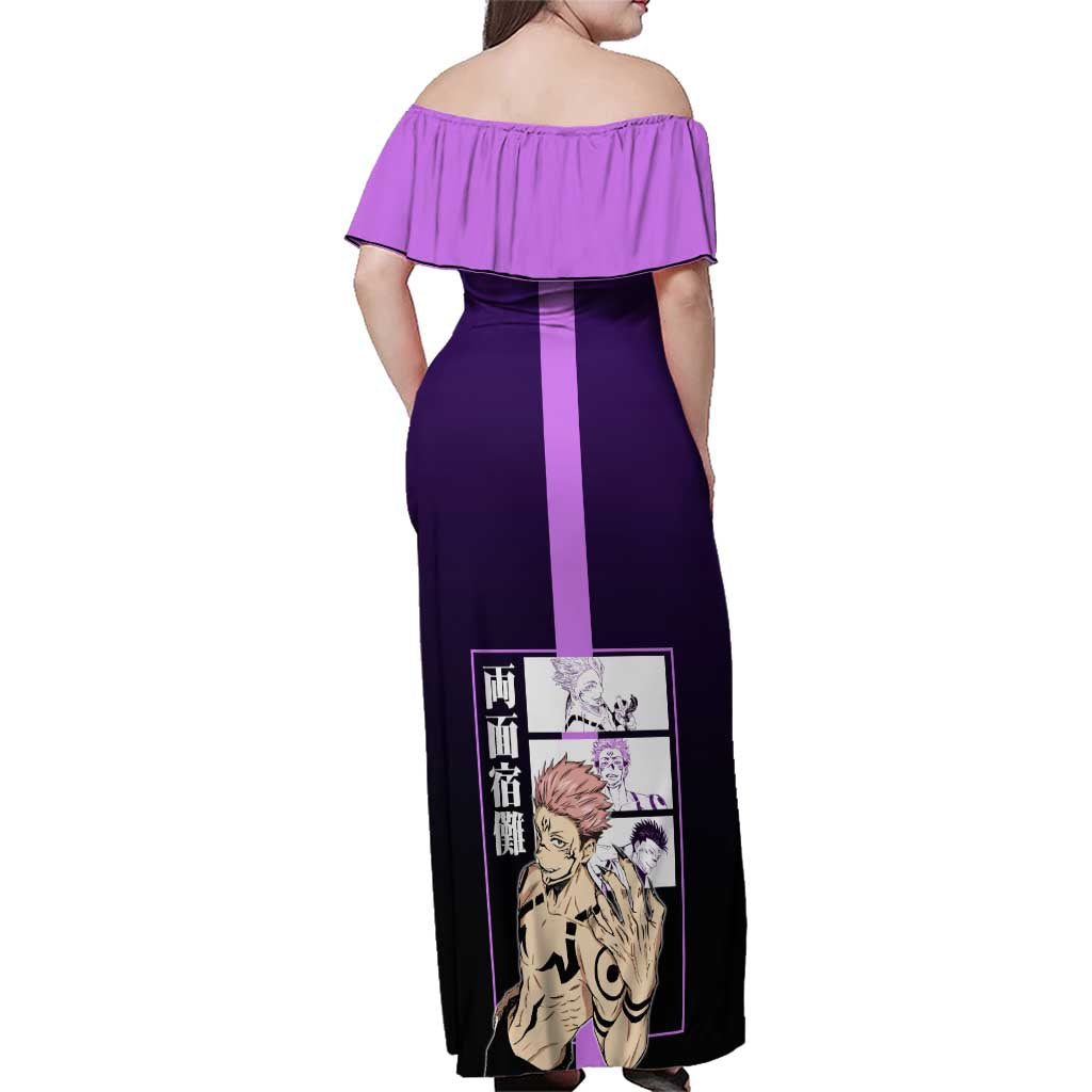 Ryomen Sukuna from Jujutsu Kaisen Family Matching Off Shoulder Maxi Dress and Hawaiian Shirt with Purple Background and Multiple Poses Design - The Mazicc