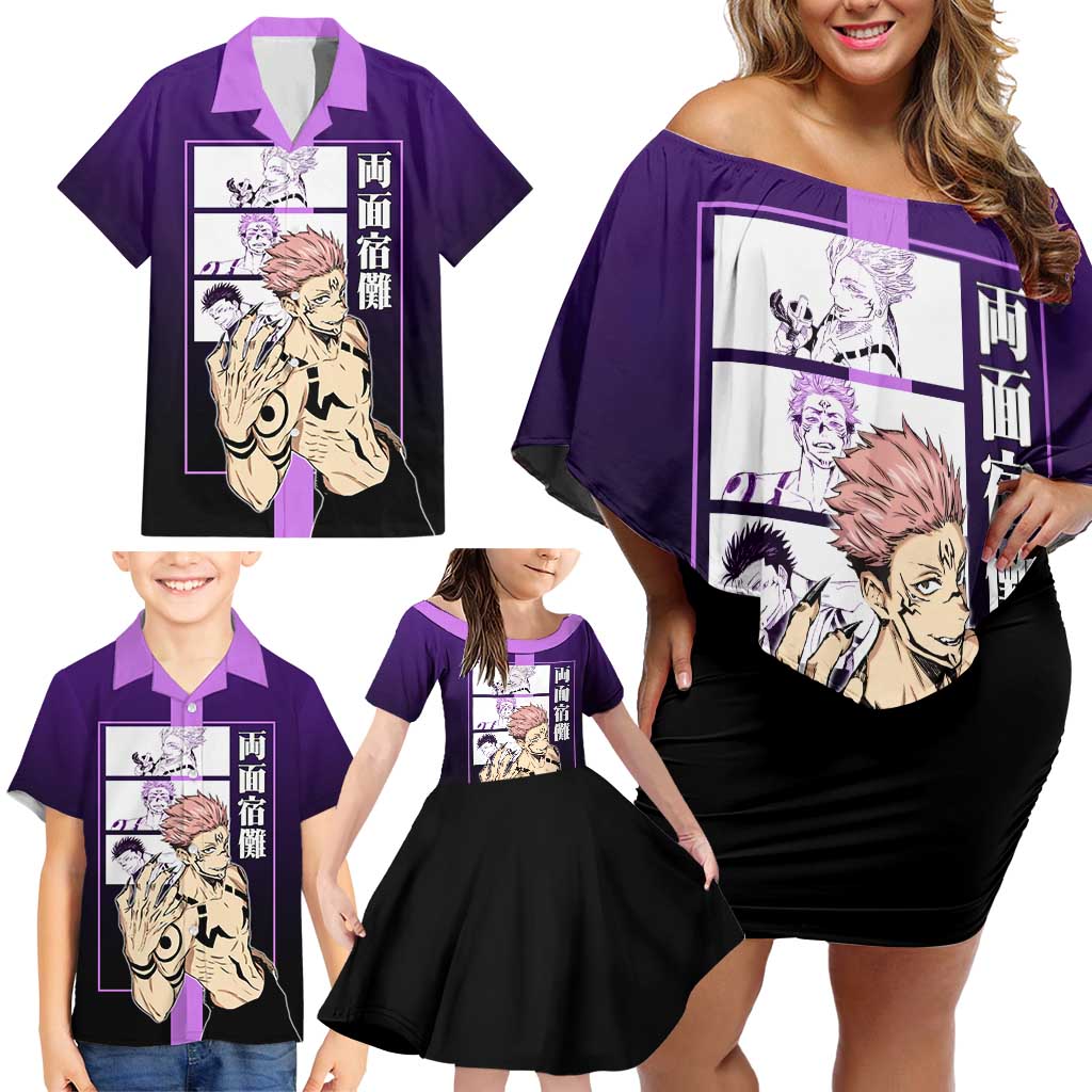 Ryomen Sukuna from Jujutsu Kaisen Family Matching Off Shoulder Short Dress and Hawaiian Shirt with Purple Background and Multiple Poses Design - The Mazicc