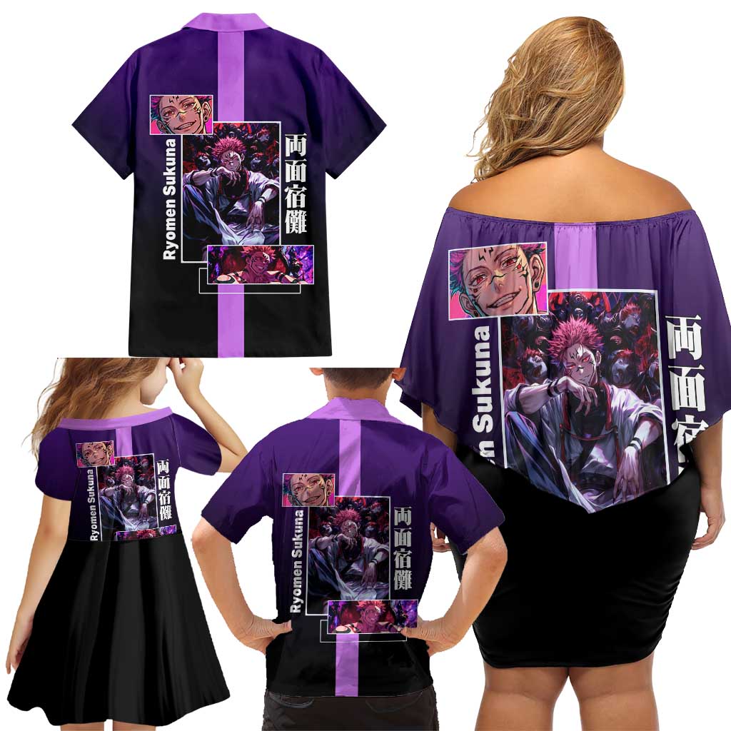 Ryomen Sukuna from Jujutsu Kaisen Family Matching Off Shoulder Short Dress and Hawaiian Shirt with Purple Background and Multiple Poses Design - The Mazicc