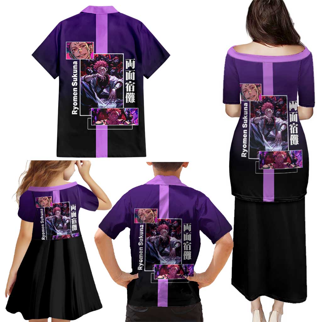 Ryomen Sukuna from Jujutsu Kaisen Family Matching Puletasi and Hawaiian Shirt with Purple Background and Multiple Poses Design - The Mazicc