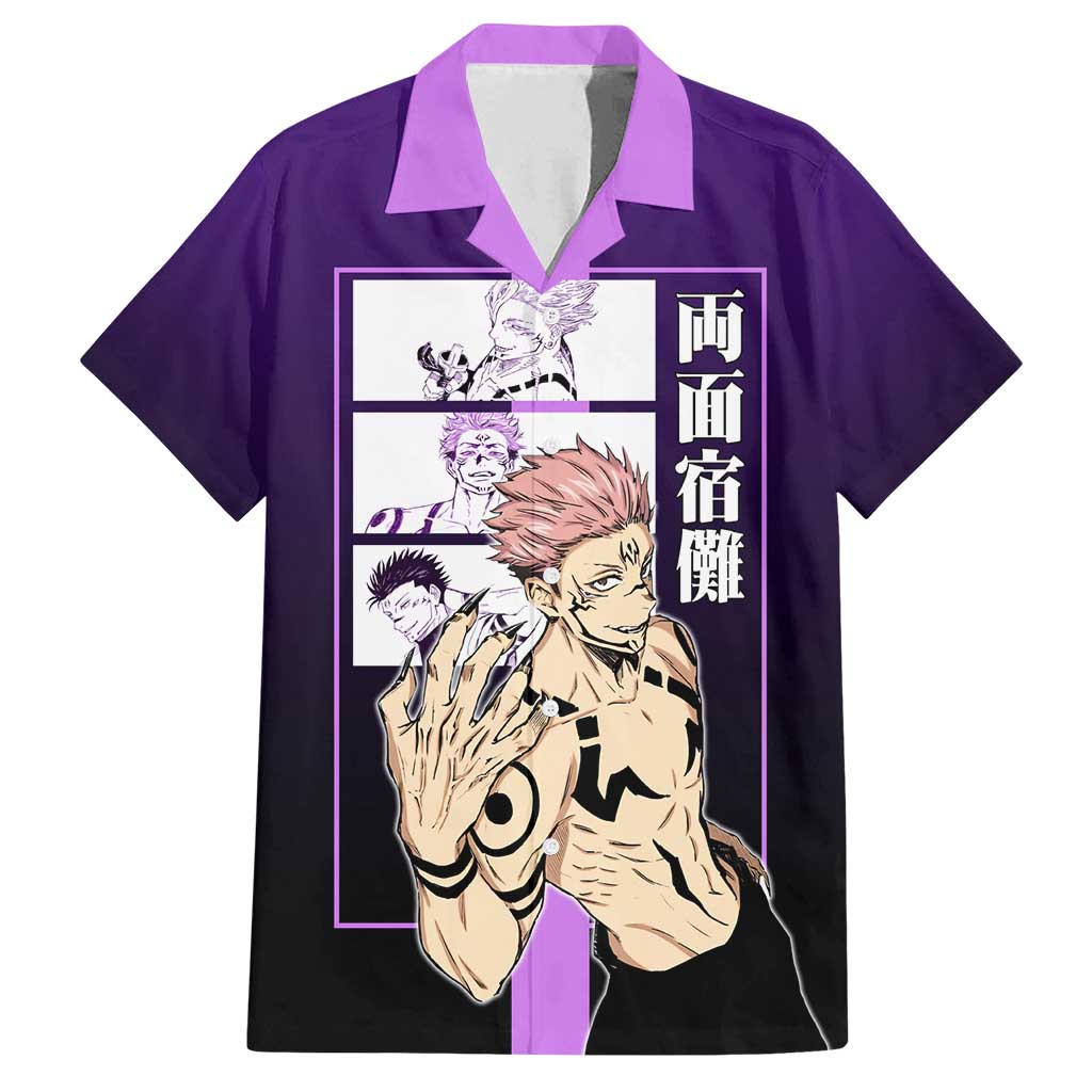Ryomen Sukuna from Jujutsu Kaisen Family Matching Puletasi and Hawaiian Shirt with Purple Background and Multiple Poses Design - The Mazicc