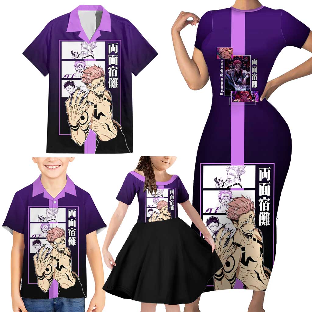 Ryomen Sukuna from Jujutsu Kaisen Family Matching Short Sleeve Bodycon Dress and Hawaiian Shirt with Purple Background and Multiple Poses Design - The Mazicc