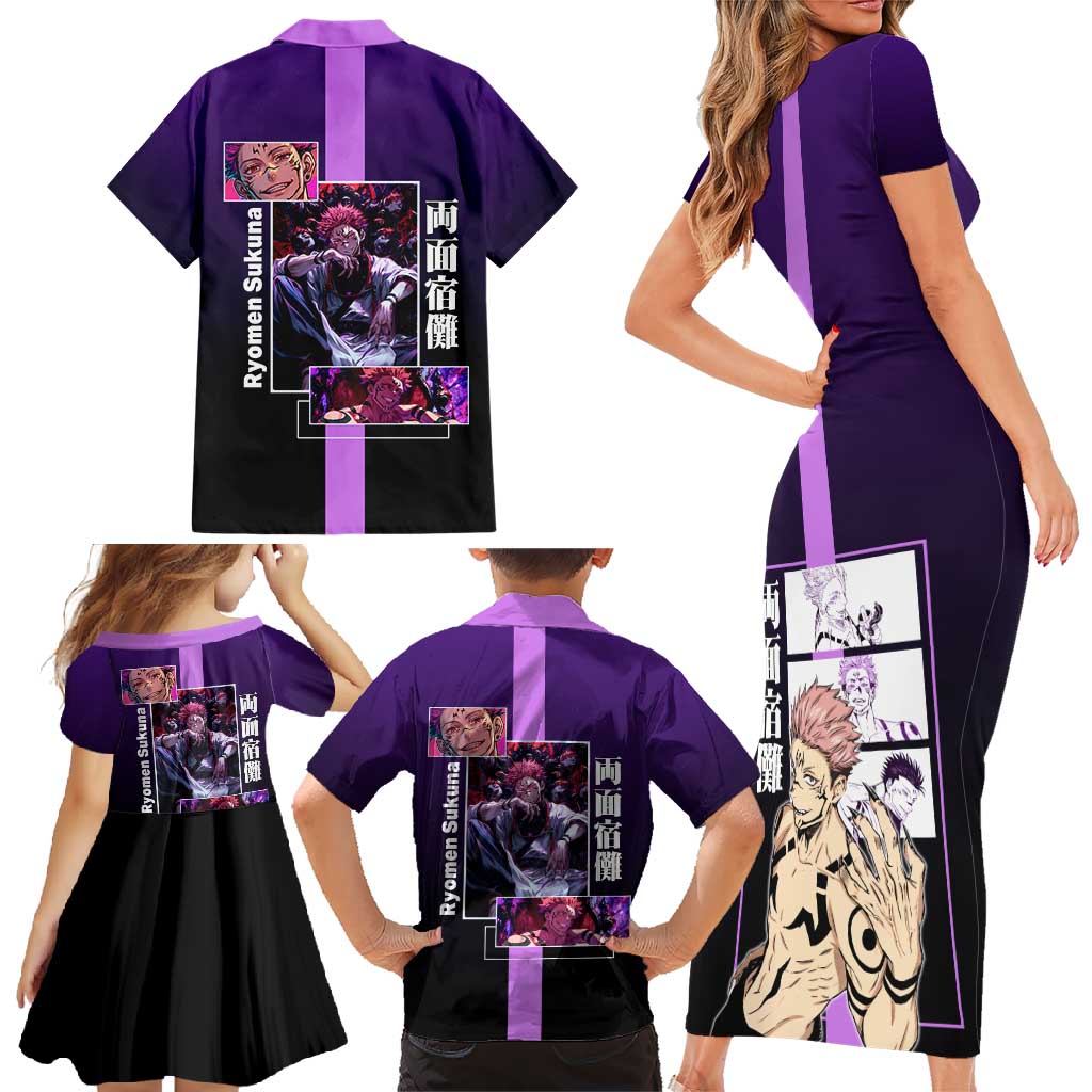 Ryomen Sukuna from Jujutsu Kaisen Family Matching Short Sleeve Bodycon Dress and Hawaiian Shirt with Purple Background and Multiple Poses Design - The Mazicc