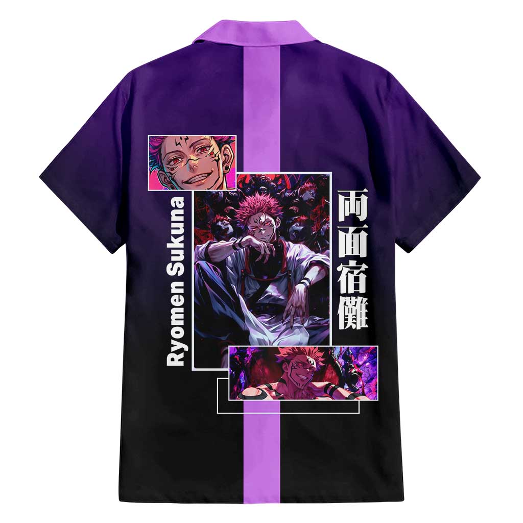Ryomen Sukuna from Jujutsu Kaisen Family Matching Short Sleeve Bodycon Dress and Hawaiian Shirt with Purple Background and Multiple Poses Design - The Mazicc