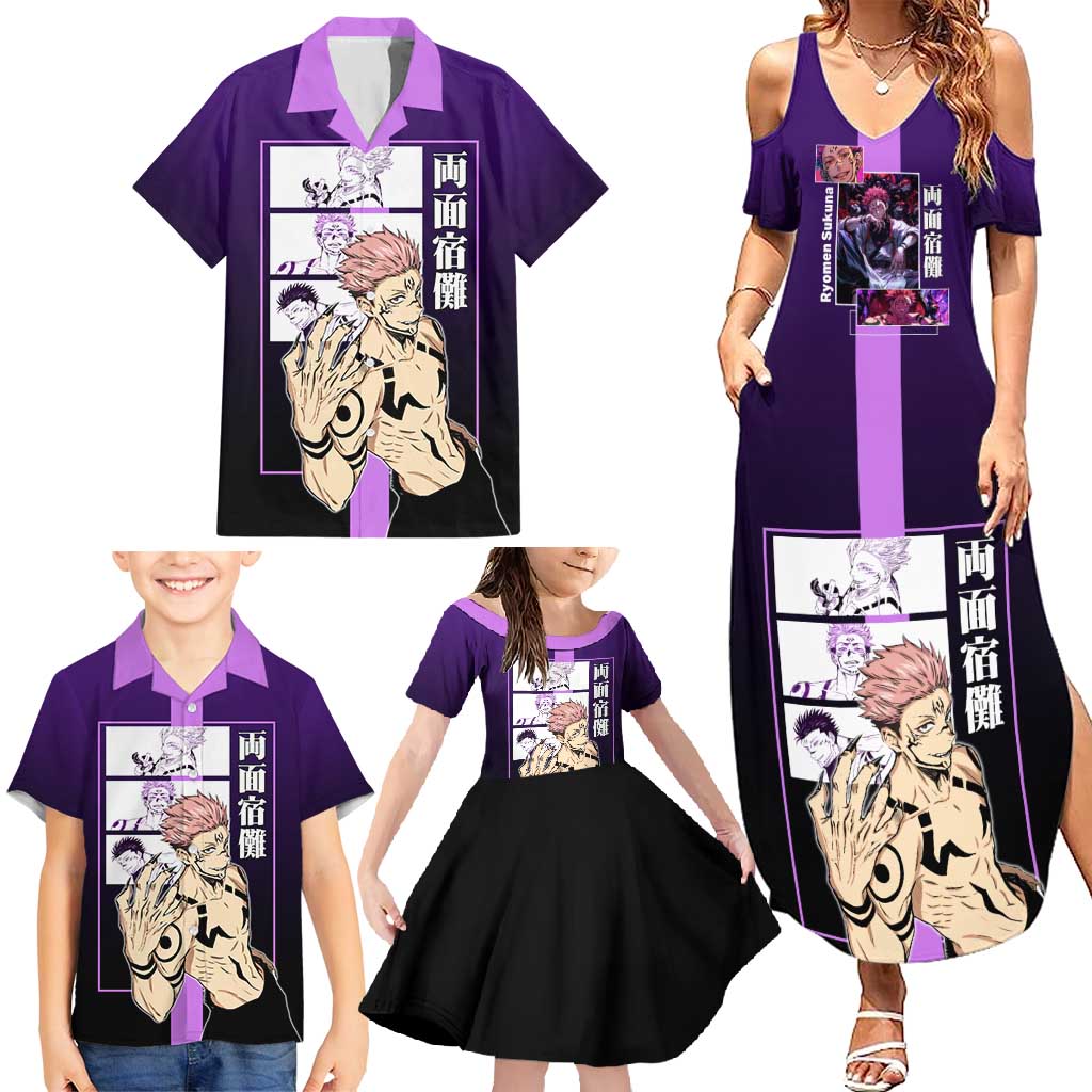 Ryomen Sukuna from Jujutsu Kaisen Family Matching Summer Maxi Dress and Hawaiian Shirt with Purple Background and Multiple Poses Design - The Mazicc