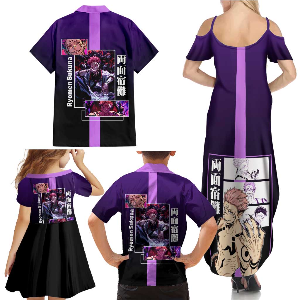Ryomen Sukuna from Jujutsu Kaisen Family Matching Summer Maxi Dress and Hawaiian Shirt with Purple Background and Multiple Poses Design - The Mazicc