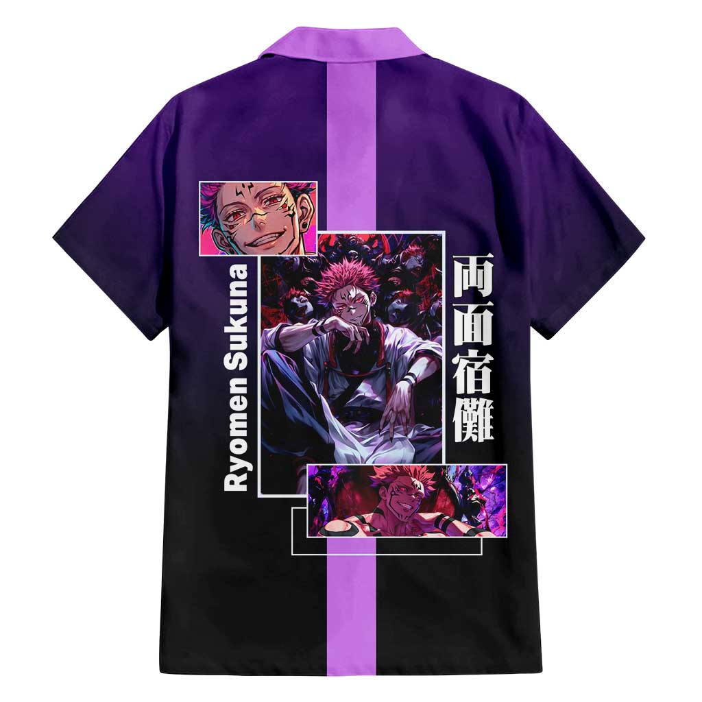 Ryomen Sukuna from Jujutsu Kaisen Family Matching Summer Maxi Dress and Hawaiian Shirt with Purple Background and Multiple Poses Design - The Mazicc