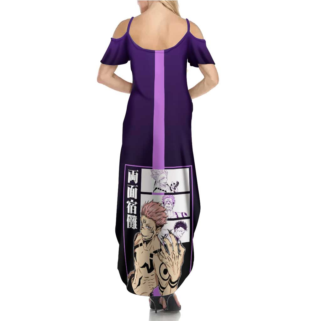 Ryomen Sukuna from Jujutsu Kaisen Family Matching Summer Maxi Dress and Hawaiian Shirt with Purple Background and Multiple Poses Design - The Mazicc