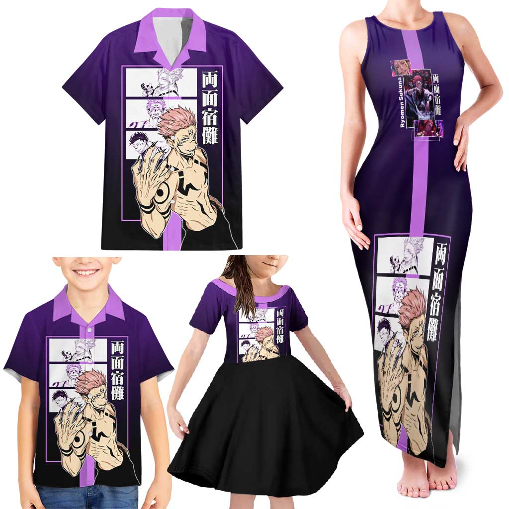 Ryomen Sukuna from Jujutsu Kaisen Family Matching Tank Maxi Dress and Hawaiian Shirt with Purple Background and Multiple Poses Design - The Mazicc