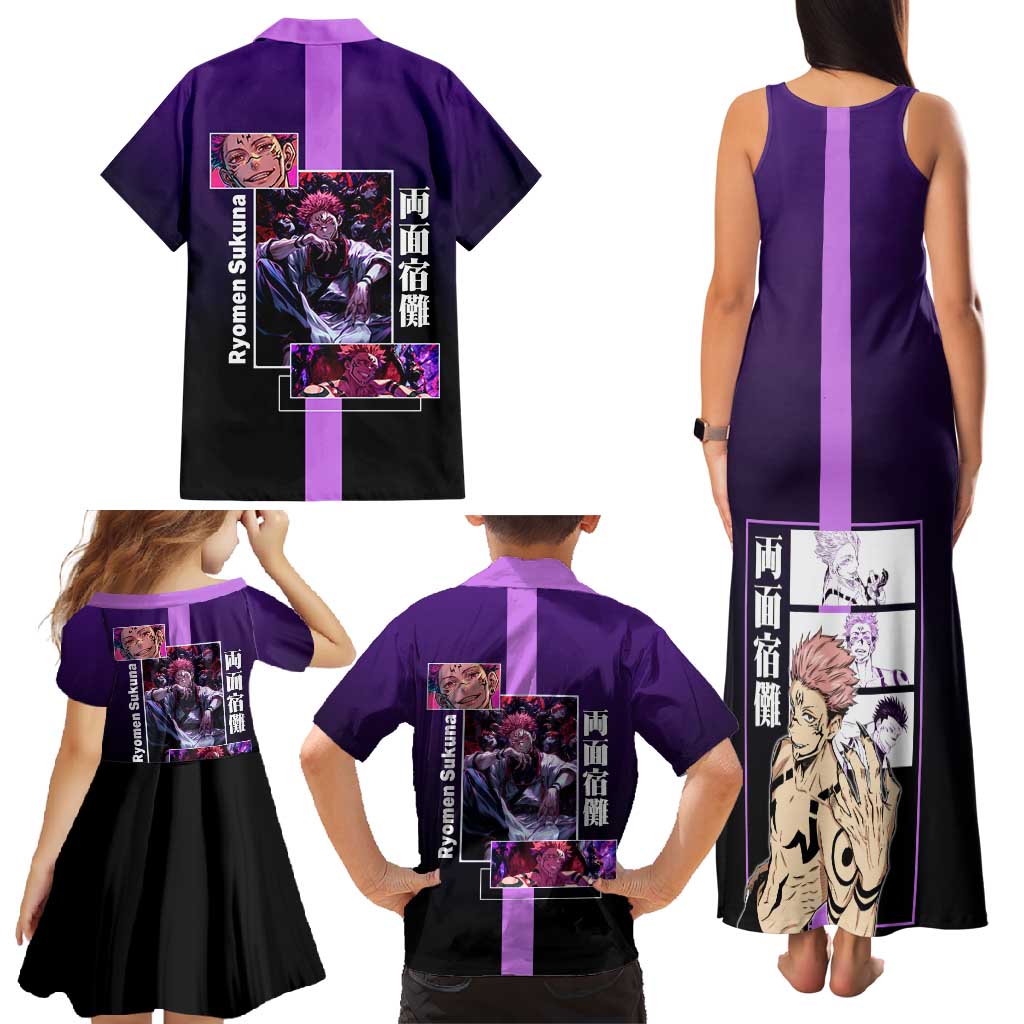 Ryomen Sukuna from Jujutsu Kaisen Family Matching Tank Maxi Dress and Hawaiian Shirt with Purple Background and Multiple Poses Design - The Mazicc