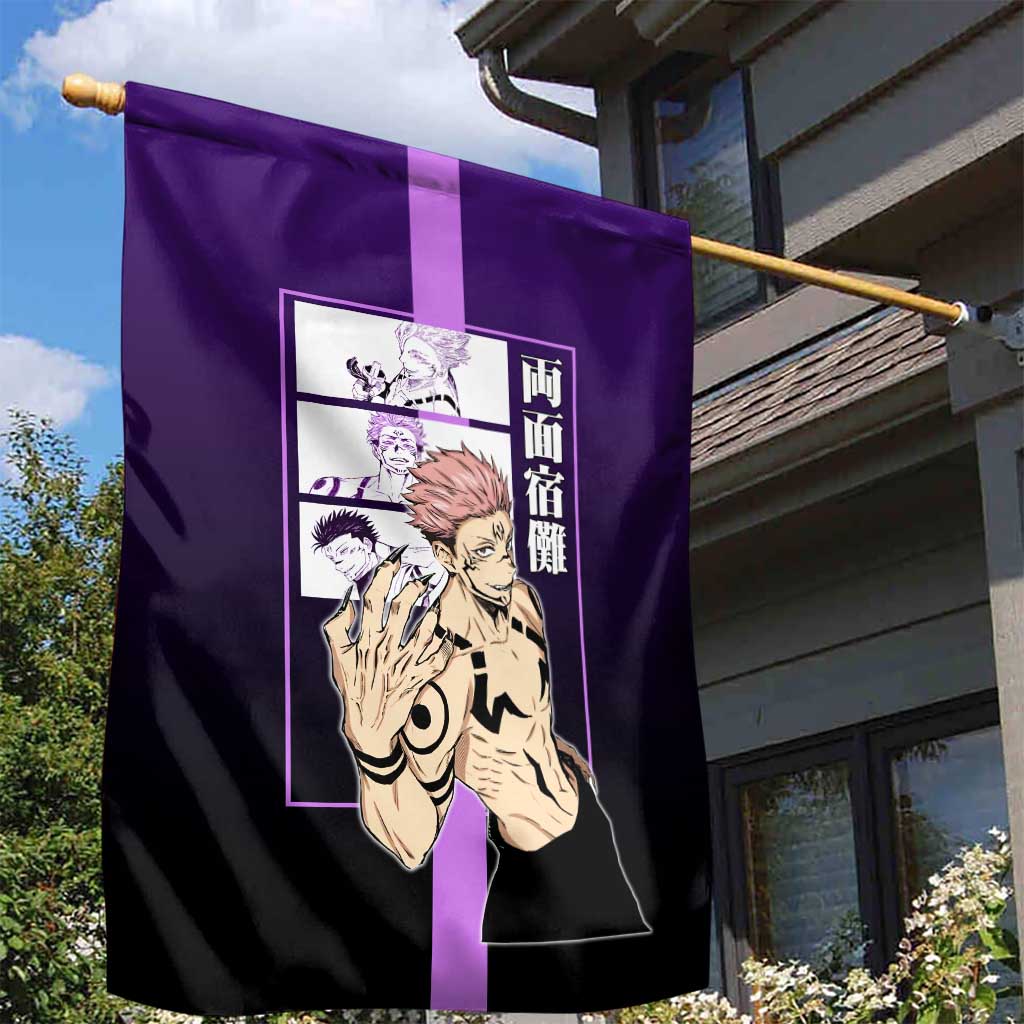 Ryomen Sukuna from Jujutsu Kaisen Garden Flag with Purple Background and Multiple Poses Design - The Mazicc