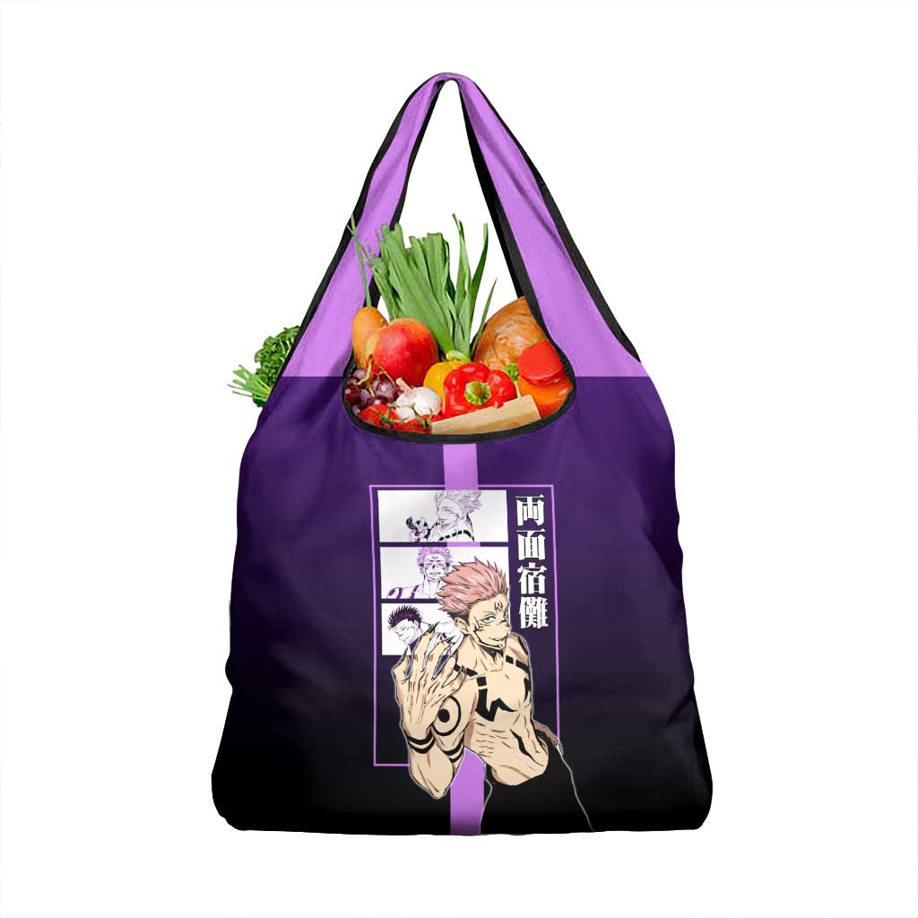 Ryomen Sukuna from Jujutsu Kaisen Grocery Bag with Purple Background and Multiple Poses Design - The Mazicc