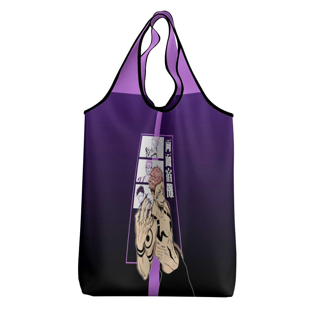 Ryomen Sukuna from Jujutsu Kaisen Grocery Bag with Purple Background and Multiple Poses Design - The Mazicc