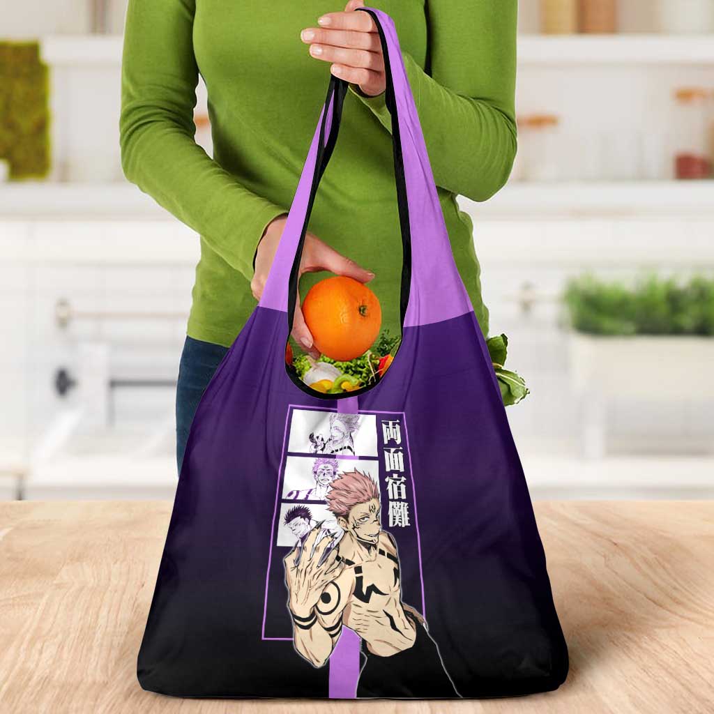 Ryomen Sukuna from Jujutsu Kaisen Grocery Bag with Purple Background and Multiple Poses Design - The Mazicc