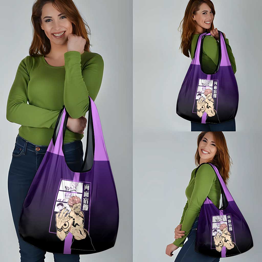 Ryomen Sukuna from Jujutsu Kaisen Grocery Bag with Purple Background and Multiple Poses Design - The Mazicc