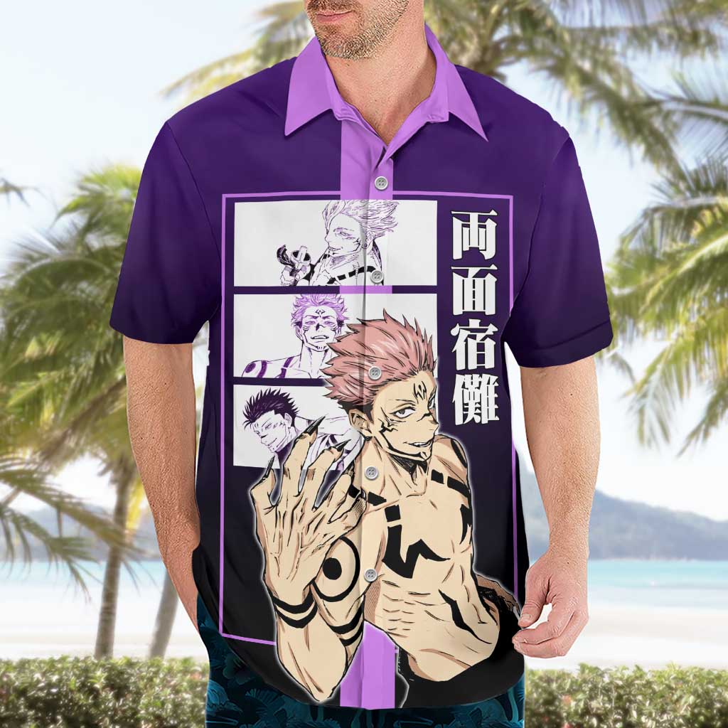 Ryomen Sukuna from Jujutsu Kaisen Hawaiian Shirt with Purple Background and Multiple Poses Design - The Mazicc