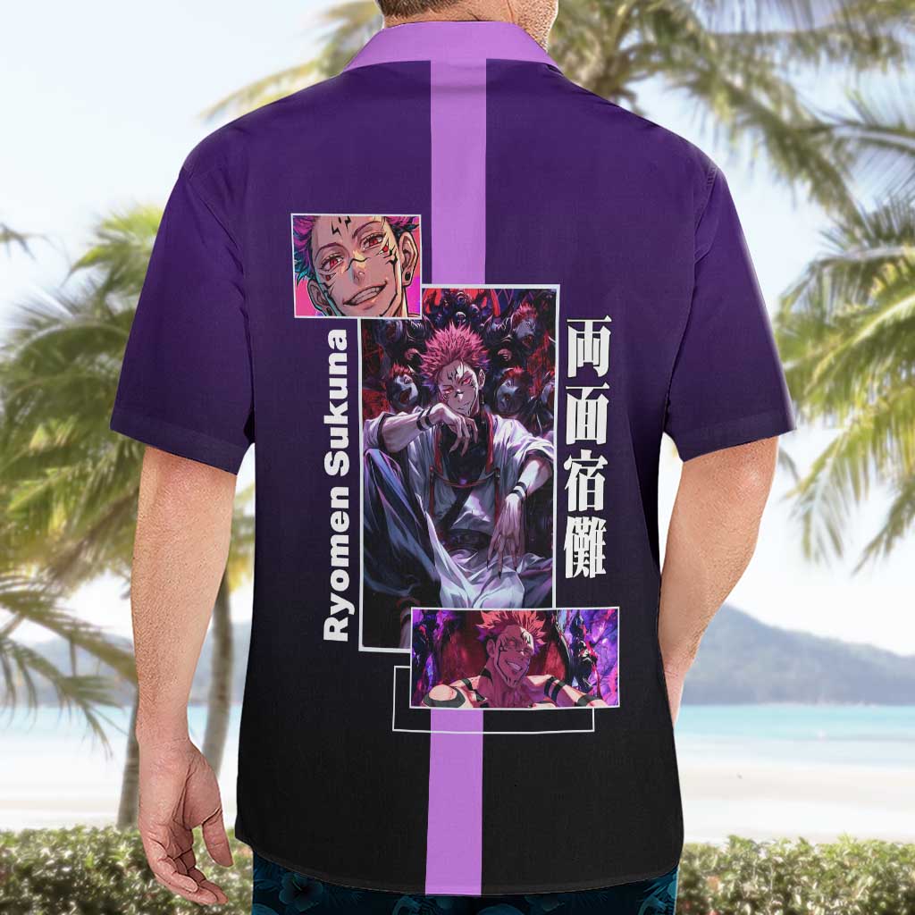 Ryomen Sukuna from Jujutsu Kaisen Hawaiian Shirt with Purple Background and Multiple Poses Design - The Mazicc