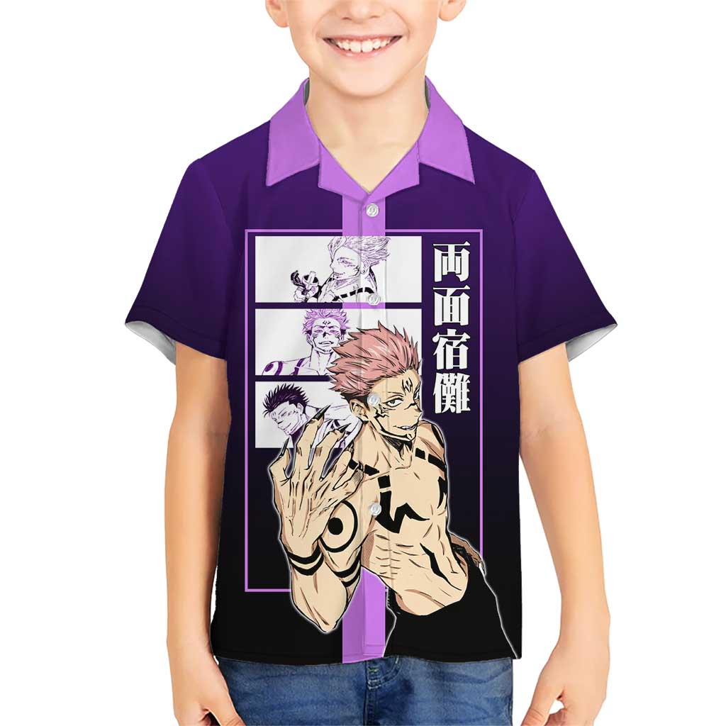 Ryomen Sukuna from Jujutsu Kaisen Hawaiian Shirt with Purple Background and Multiple Poses Design - The Mazicc