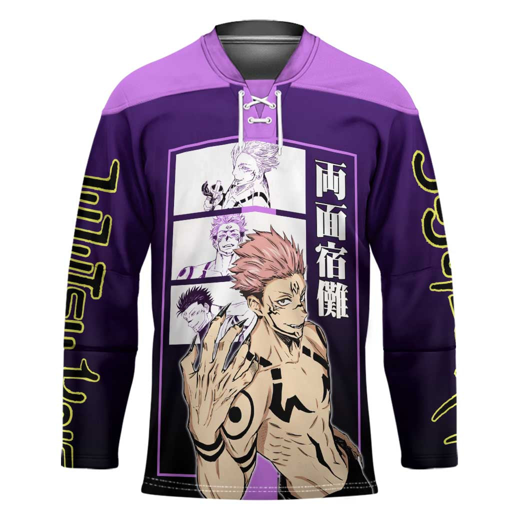 Ryomen Sukuna from Jujutsu Kaisen Hockey Jersey with Purple Background and Multiple Poses Design - The Mazicc