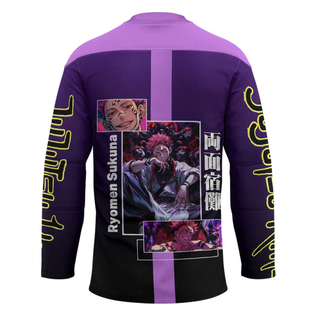 Ryomen Sukuna from Jujutsu Kaisen Hockey Jersey with Purple Background and Multiple Poses Design - The Mazicc