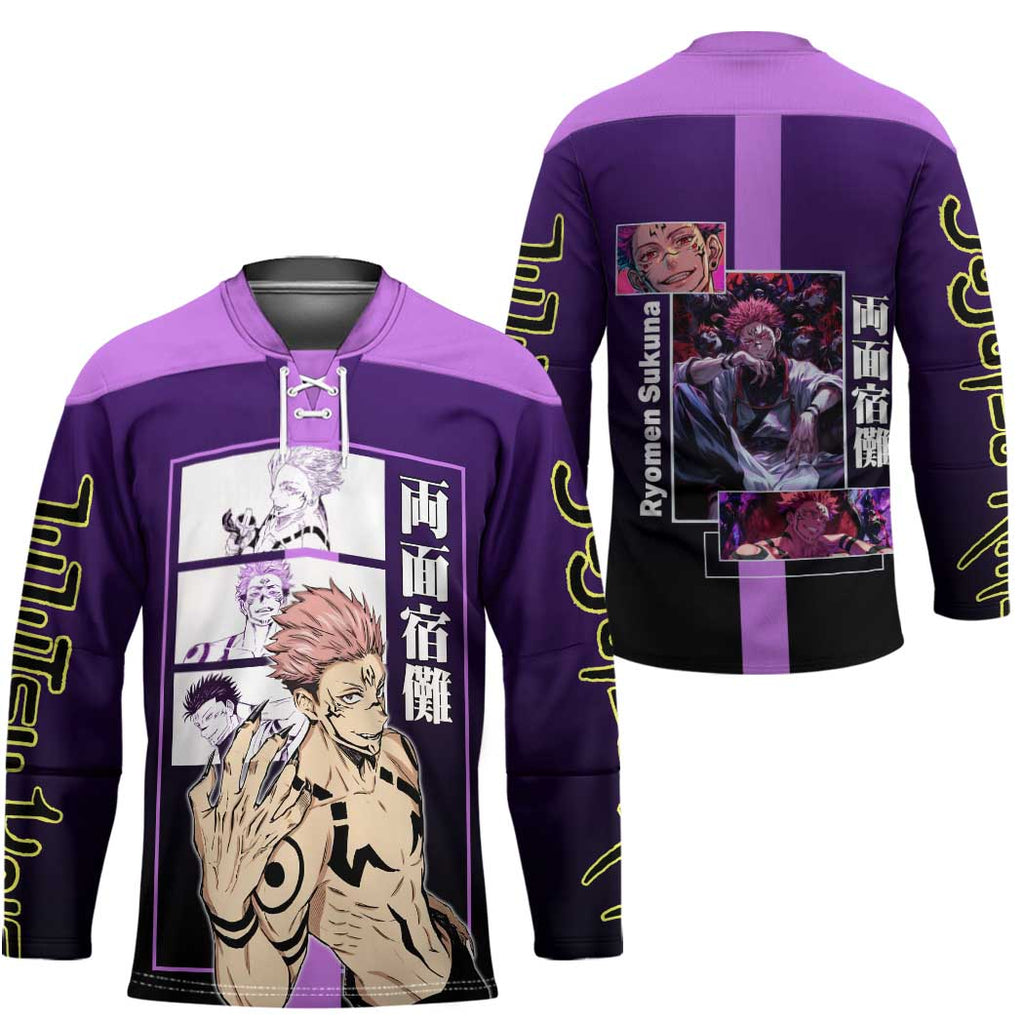 Ryomen Sukuna from Jujutsu Kaisen Hockey Jersey with Purple Background and Multiple Poses Design - The Mazicc
