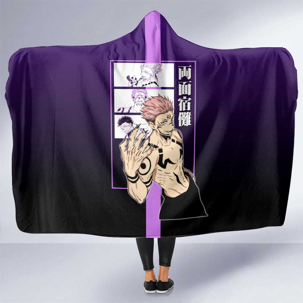 Ryomen Sukuna from Jujutsu Kaisen Hooded Blanket with Purple Background and Multiple Poses Design - The Mazicc