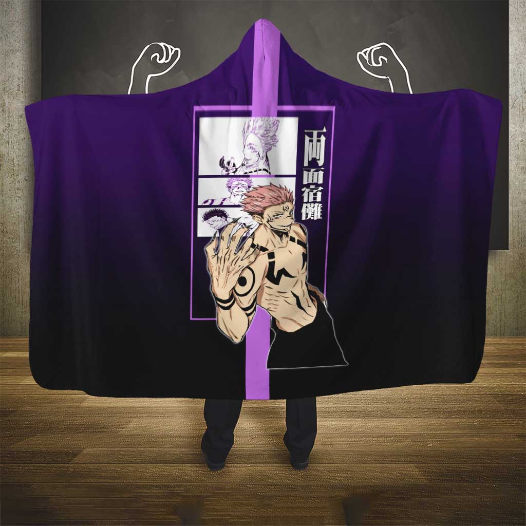 Ryomen Sukuna from Jujutsu Kaisen Hooded Blanket with Purple Background and Multiple Poses Design - The Mazicc